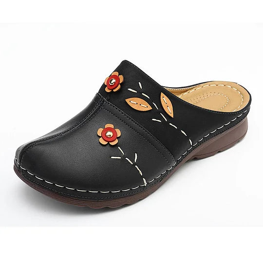 Women’s Floral Leather-Look Wedge Mule Sandals