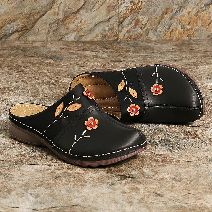 Women’s Floral Leather-Look Wedge Mule Sandals