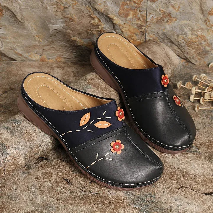 Women’s Floral Leather-Look Wedge Mule Sandals