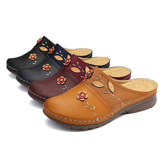 Women’s Floral Leather-Look Wedge Mule Sandals