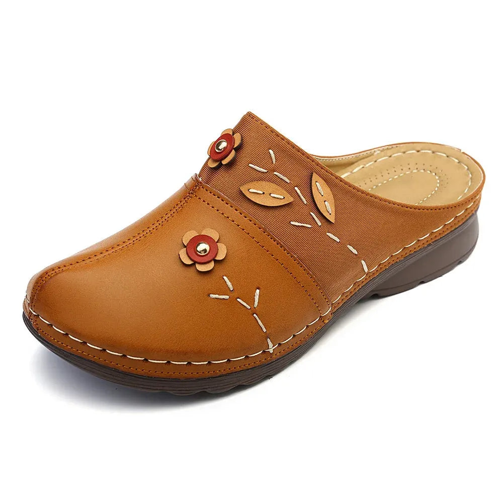 Women’s Floral Leather-Look Wedge Mule Sandals